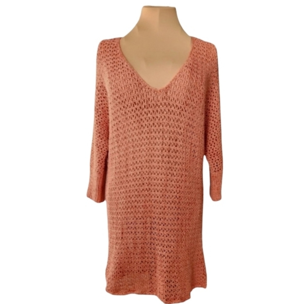 SUNDANCE V-neck‎ Sweater Crochet Open Knit Salmon Women's Small